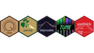 A row of hex logos for dials, parsnip, tune, yardstick, finetune, and tidymodels.