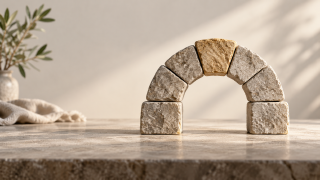A small stone arch with a golden keystone on a sunlit table.